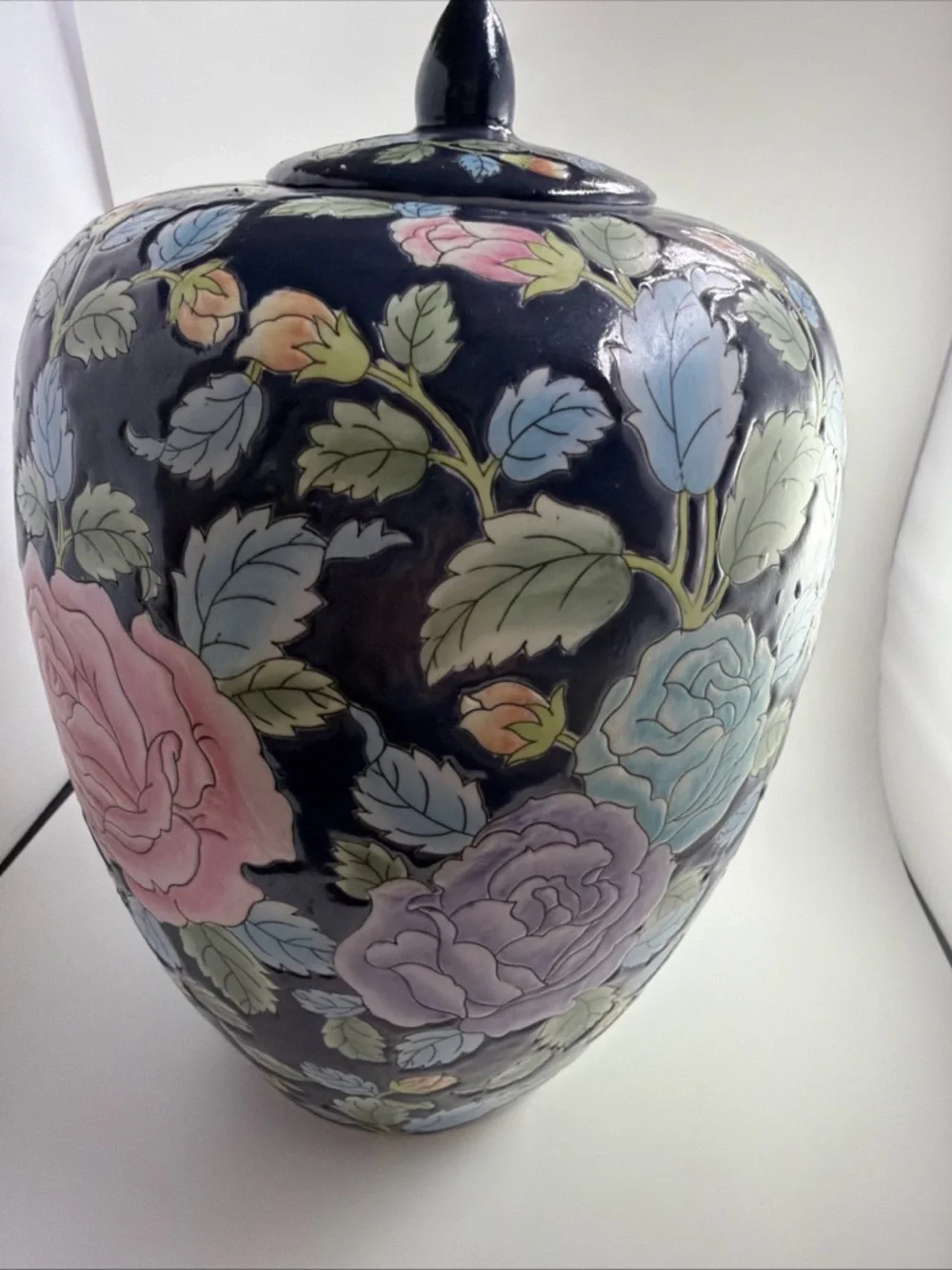 Vintage Chinese Ginger Jar with Lid Chinoiserie Flowers Large 12”